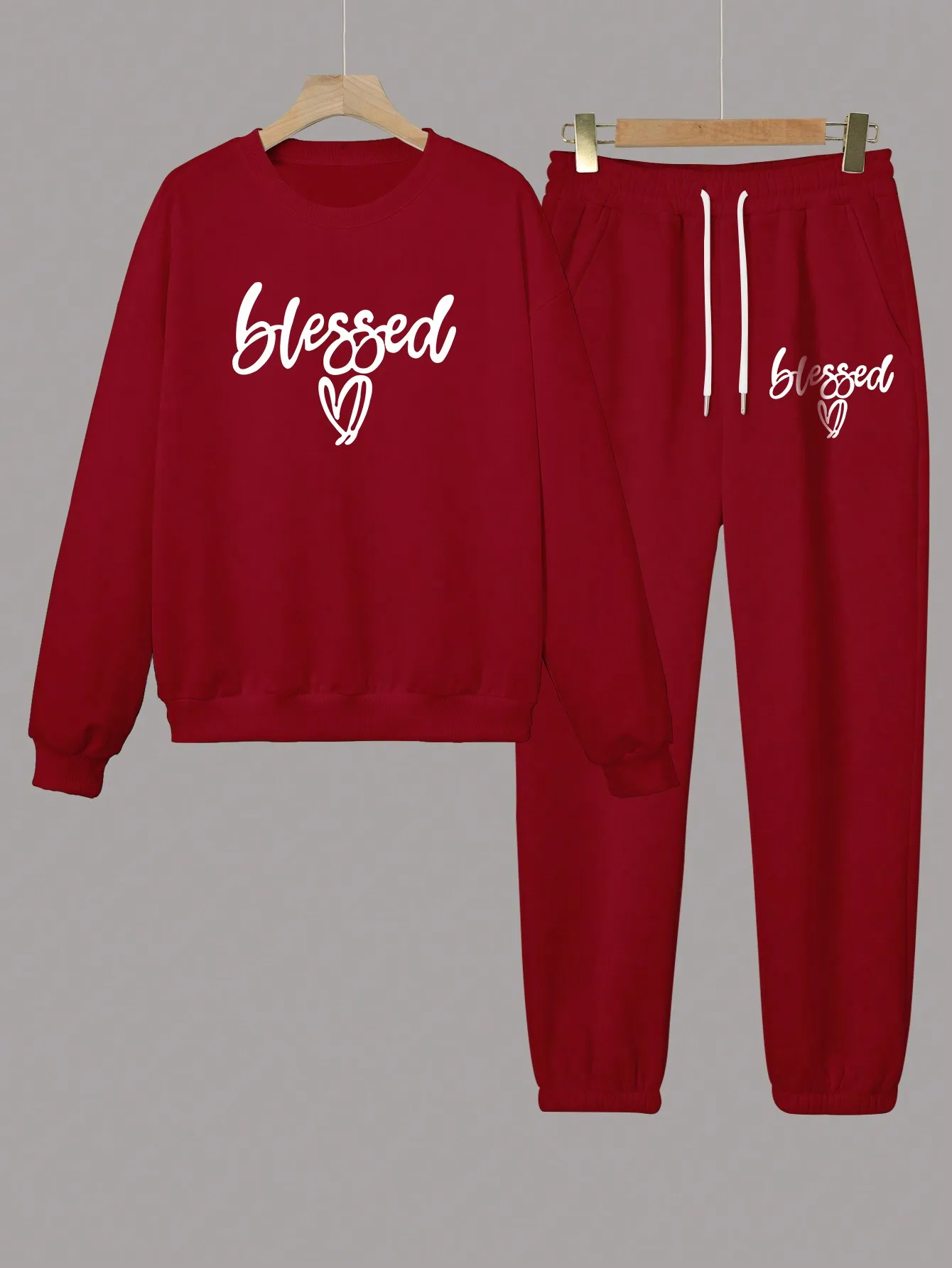 Red Two-Piece Lounge Set with 'Blessed' Script Print - Cropped Sweatshirt & Joggers