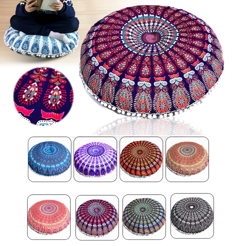 80cm Round Bohemian Mandala Floor Pillowcase Boho Meditation Seat Cushion Cover Pouf Case Retro Feather Printed Home Decor