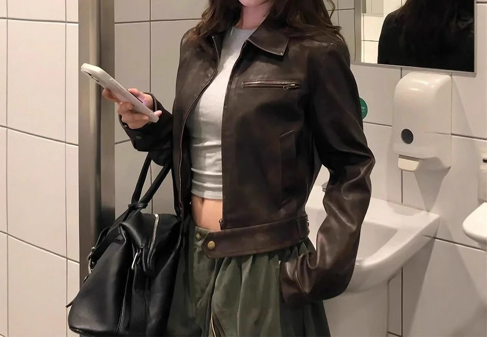 

Vintage Coffee Lapel Leather Jacket Women's Autumn Niche Short Leather Motorcycle Jacket Top