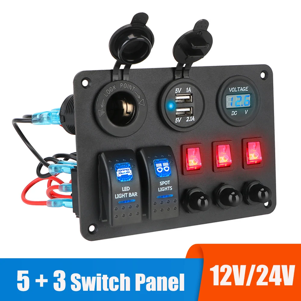 24V Truck Switch Panel Light Toggle Buttons 12V USB Charger Adapter Volt Test Camper Car Accessories for Marine Boat Caravan RV