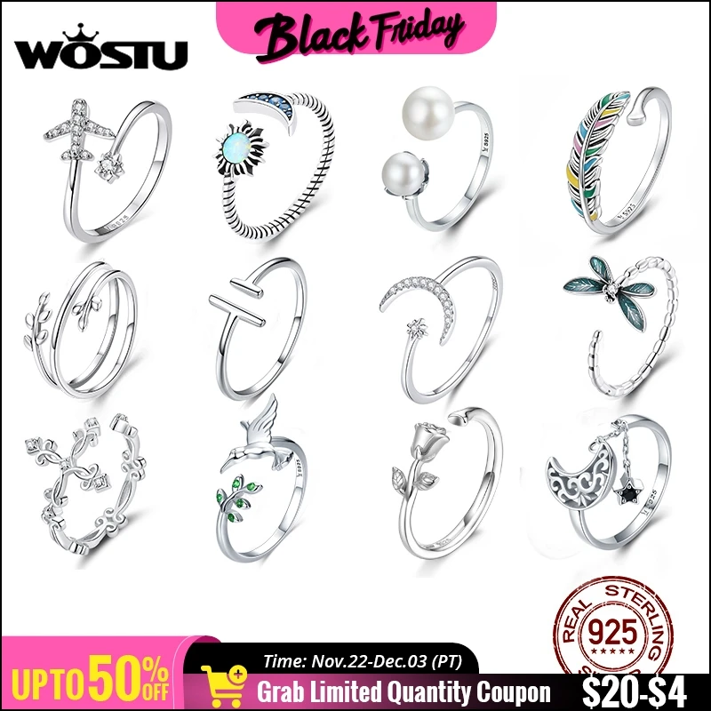 WOSTU Adjustable Rings Real 925 Sterling Silver Stackable Engagement Zircon Open Size Rings For Women Female Original Jewelry