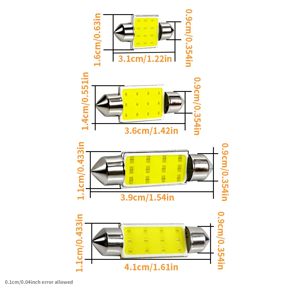 10pcs Ultra Powerful Festoon LED COB Dome Reading Roof Mirror Lights 12V 6000K Super White for Car Trunk Plate Liscense Lamps
