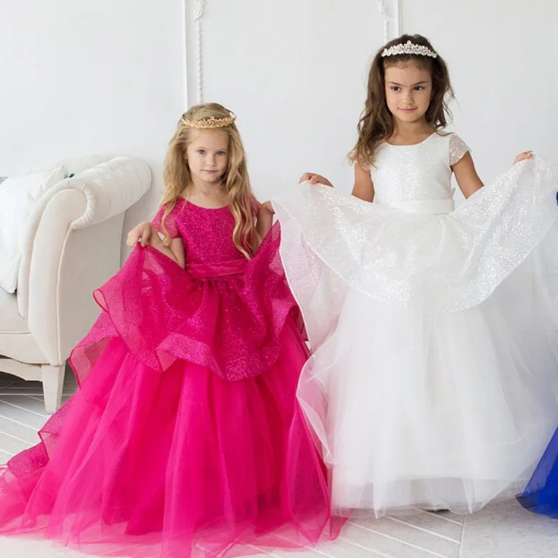 Vestido de flores con purpurina para niña, cinturón, lazo en V, espalda larga, Princesa, fiesta de cumpleaños, primera comunión, boda