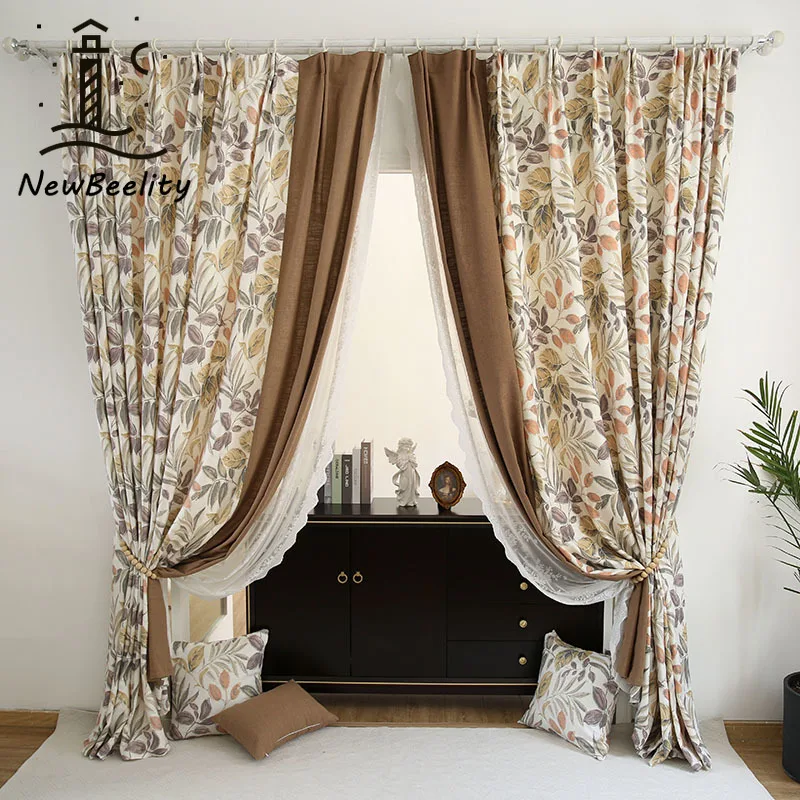 Autumn Maple Cotton and Linen Curtains for Living Room Bedroom Dining American Countryside Modern Retro Custom Size White Tulle