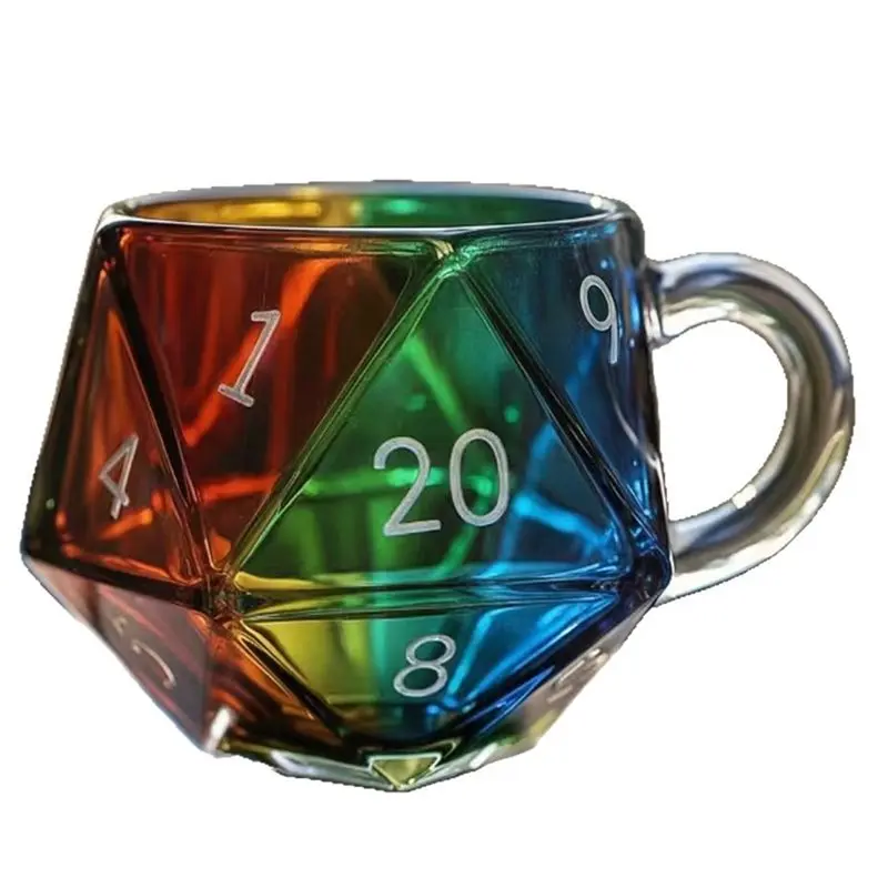 J1UL1N Glass Gaming Mug 20-Sided Polyhedral Gaming Mug Heat-Resistant Transparent Coffee Cup For Board Game Lovers