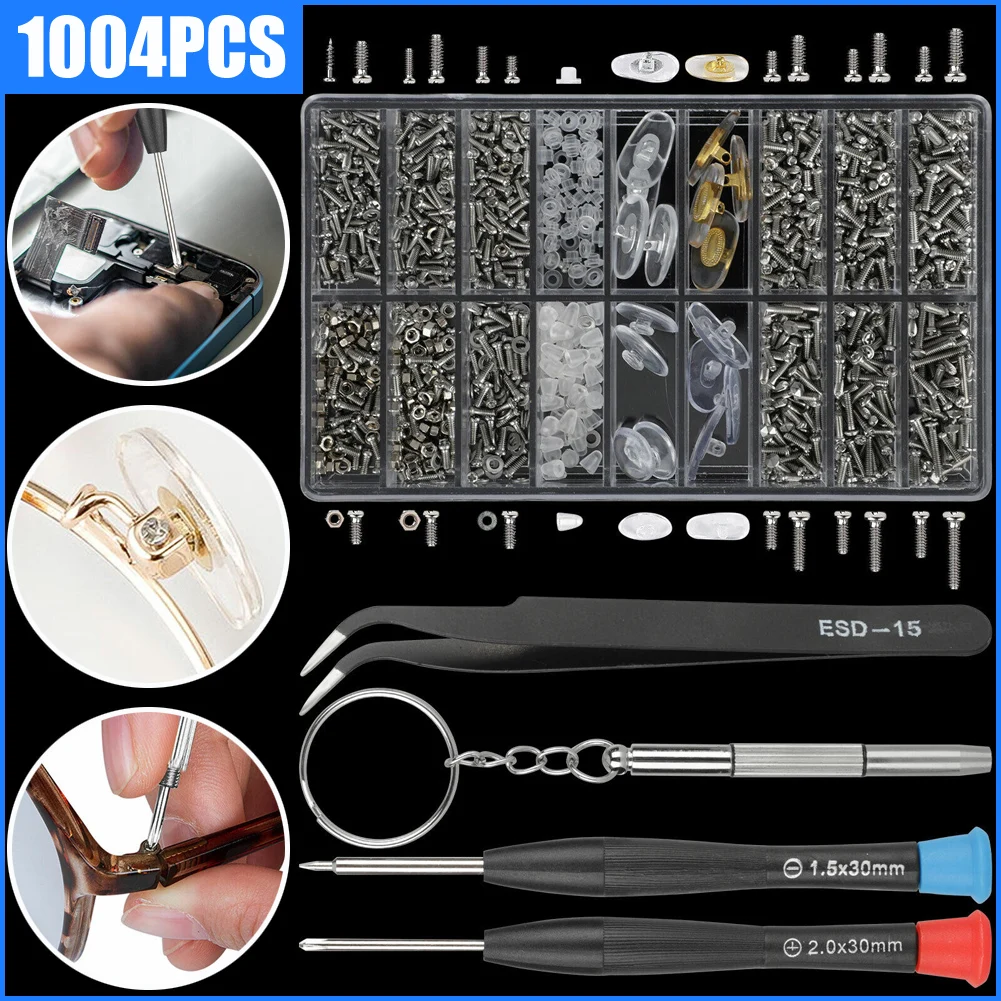 1004Pcs Eyeglass Screws And Nuts Set Optical Glasses Repair Tool Kit Screwdriver Tool Box Reading Glasses Sunglasses Screw Nut