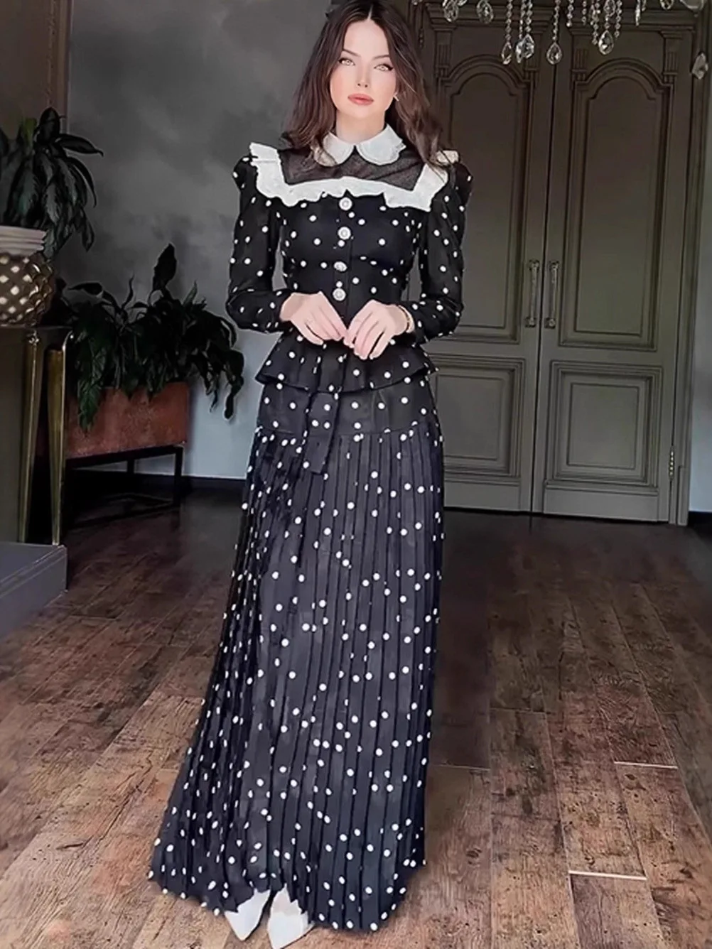 

Ele Long Sve Print Coat with Polka Dot Collar Casual Faion College Sle High Waist Skirt for Women