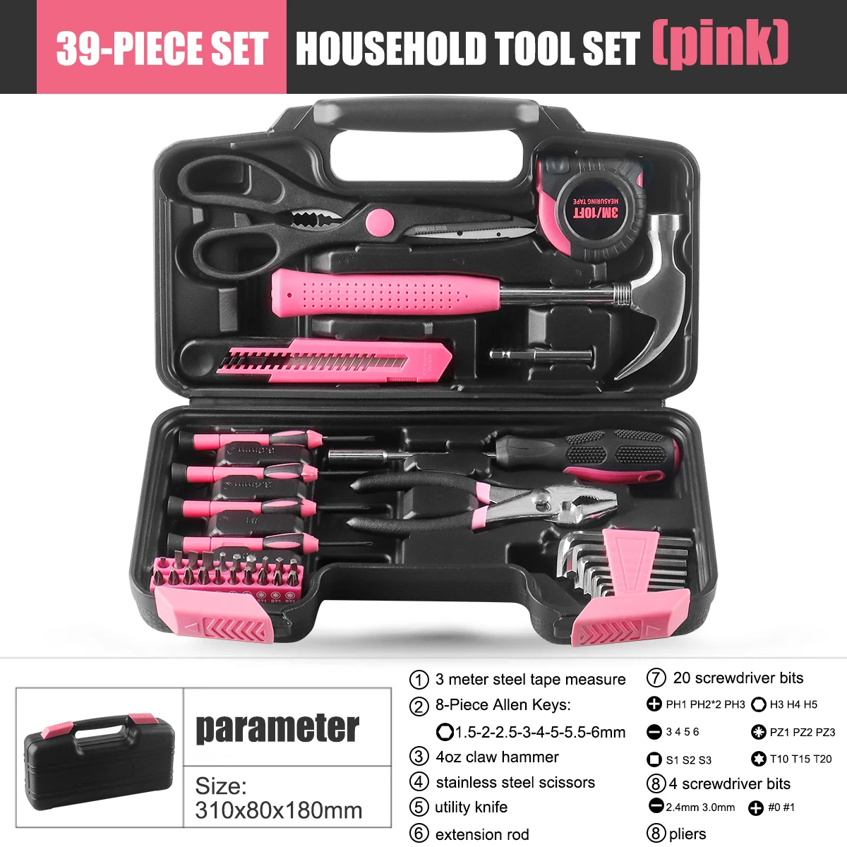 39Pcs Household Repair Tool Kit Multipurpose Pink Home Hand Tool Set with Storage Case Durable Hammer and Screwdriver Set