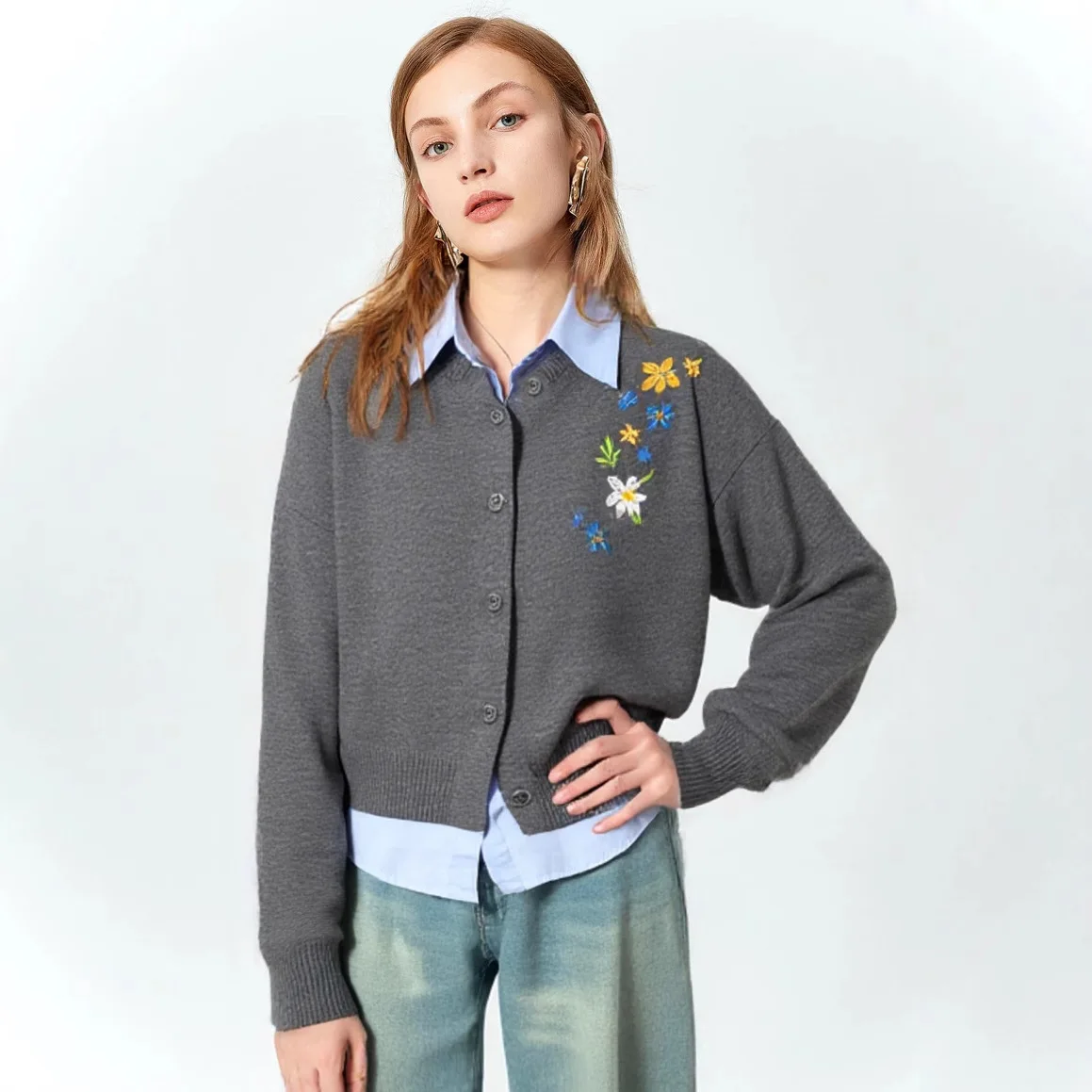 

Женский вязаный кардиган с вышивкой, свободный свитер с круглым вырезом и цветочным узором, новая куртка на осень и зиму в европейском и американском стиле