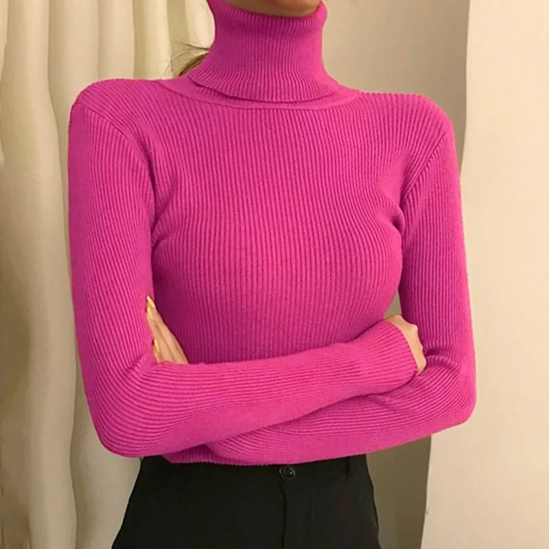 Pull tricoté à col roulé pour femme, haut Slim à manches longues, chemises décontractées, doux et chaud, vêtements Y2K, hiver 2024