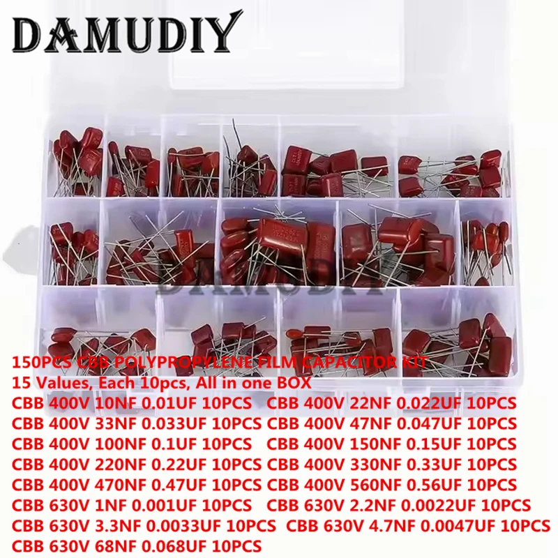 150pcs/Lot CBB Polypropylene Film capacitor Kit 10NF-68NF 400V 630V Capacitance Assortment Set 22NF 33NF 47NF 100NF 220NF 470NF