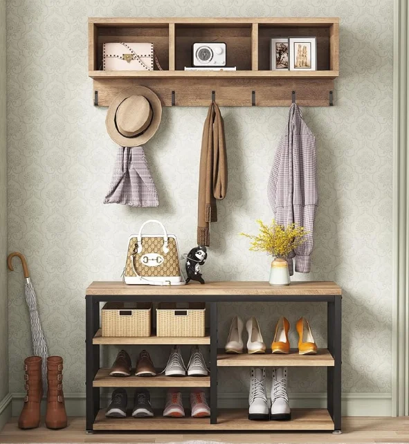 

Coat Rack Set Hall Tree Industrial Shoe Bench 3 Storage Cubbies 7 Hooks for Entryway Hallway 5-in-1Design