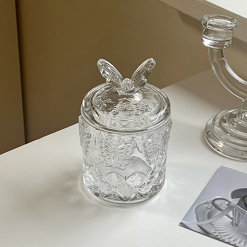 Glass Jar with Cover Creative Korean Style Ins 3D Butterfly Relief Household Tableware Sugar Condiment Jars Kitchen Supplies