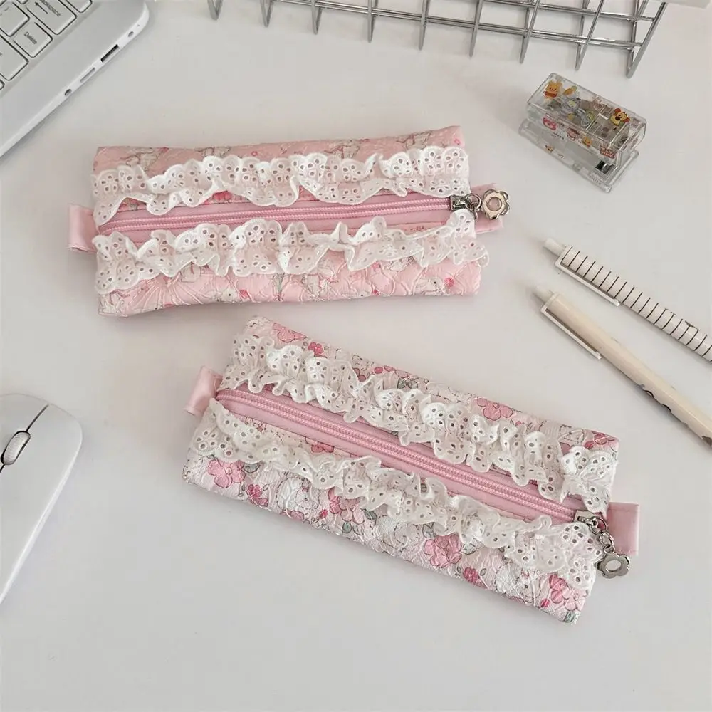 Fresh Lace Pencil Pouch Cosmetic Bag Makeup Bag Flower Pattern Pen Case Large Capacity Cartoon Stationery Storage Bag