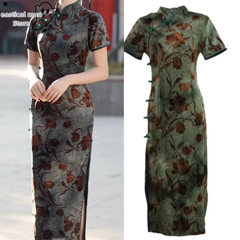 فستان شيونغسام نسائي كبير الحجم بأكمام قصيرة باللون الأخضر من تشيباو أنيق للحفلات المسائية فستان قطيفة مطبوع عليه زهور على الطراز الصيني #5