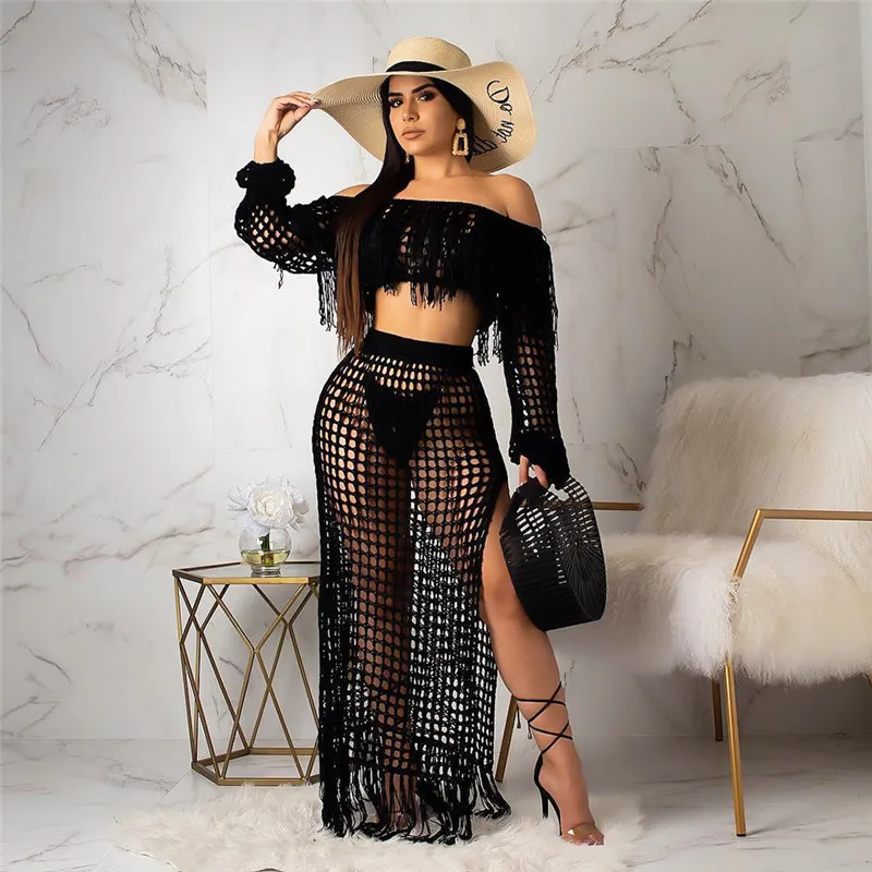 Fringed Tassel Summer Beach Dress Women Sexy Off Shoulder Maxi Dress Long Sleeve Boho Knit Crochet Hollow Out Party Long Dress