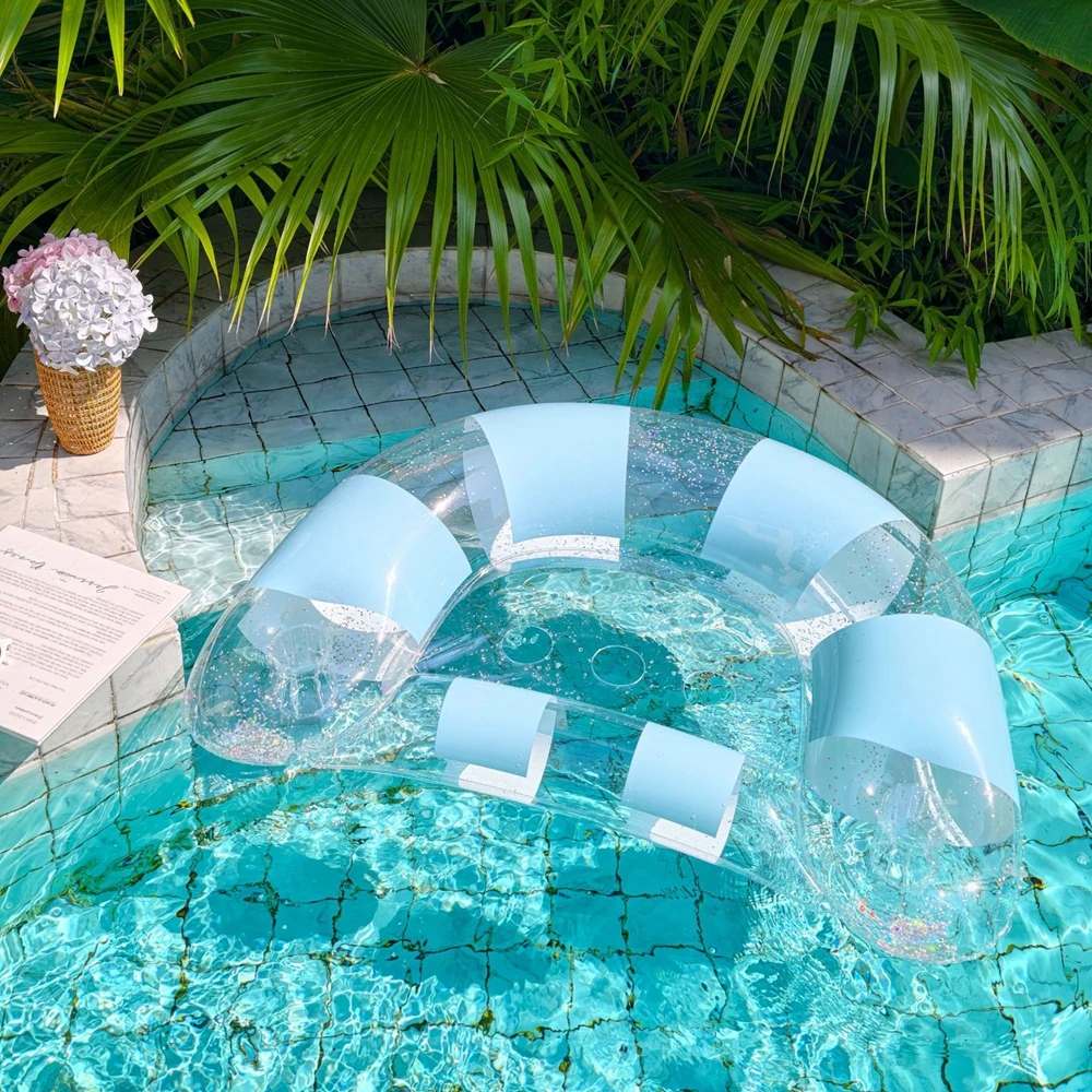 Striped Print Inflatable Pool Float Chair with Cup Holder Water Hammock Lounger for Summer Relaxation - view 6