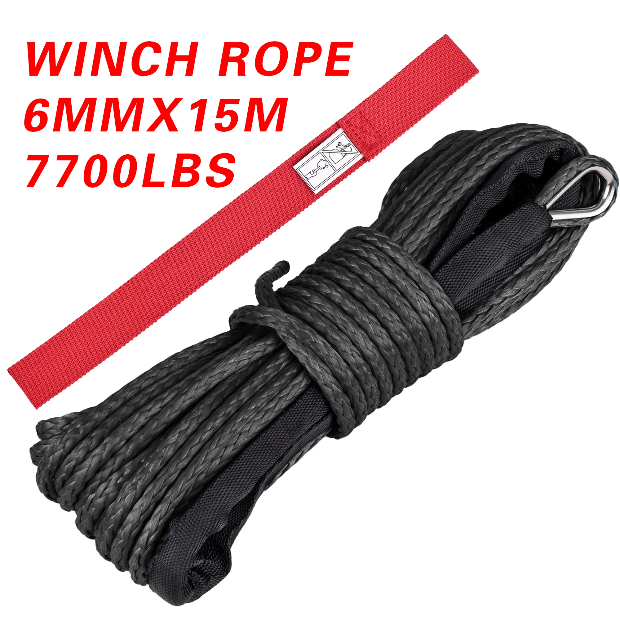 Corda sintetica per verricello 6 mm x 15 m, resistenza alla trazione di 7700 libbre, con manicotto protettivo, cinghia di sicurezza per ATV, UTV