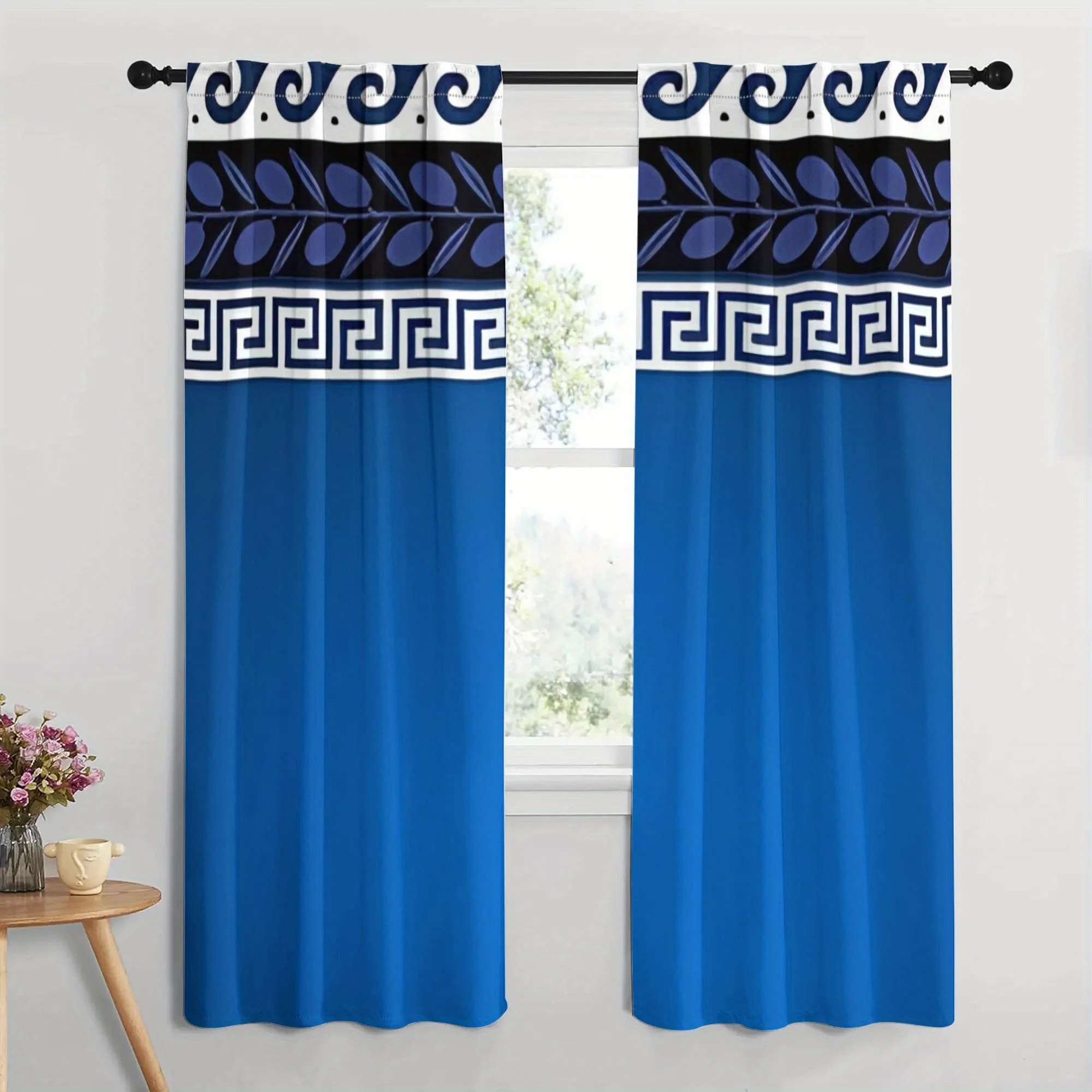 2pc sblue greek pattern curtain for living room bedroom privacy and decor classic mediterranean style Without curtain rod