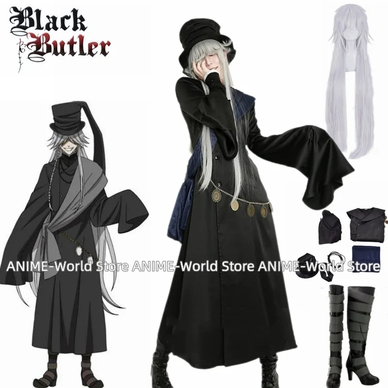 Anime Black Butler Men Women's Grim Reaper Undertaker Cosplay Costume Outfit Hat Wig Shoes