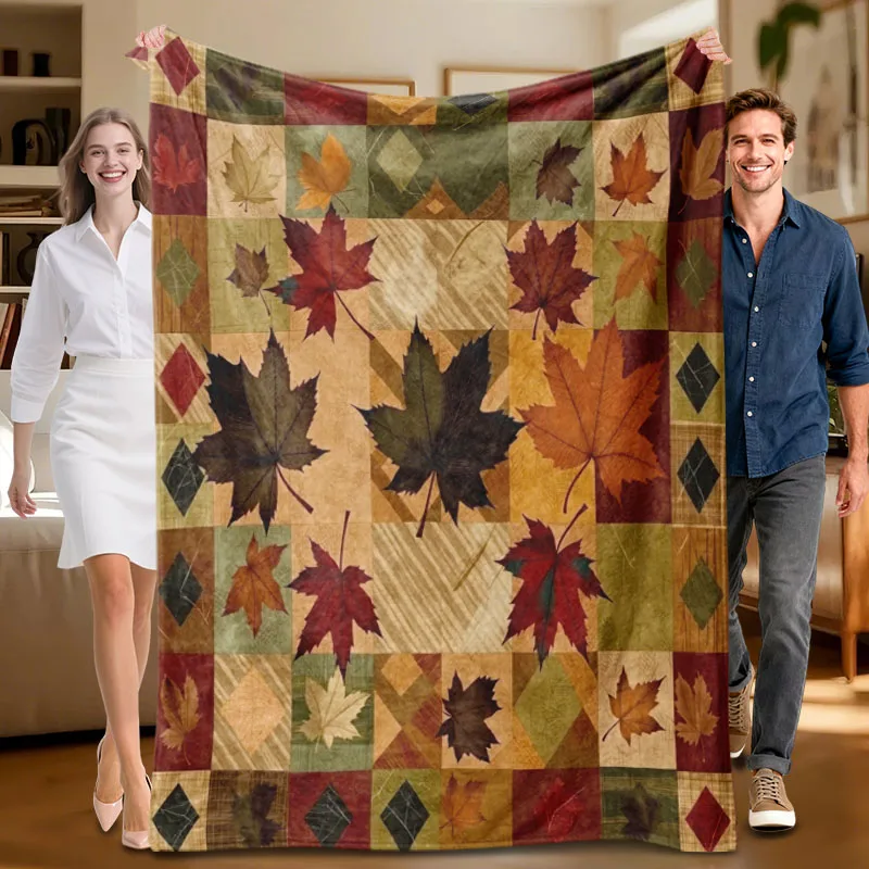 

Цельнокрое фланелевое одеяло с осенним рисунком листьев, теплые цвета, мягкое для дивана, кровати, офиса, всесезонного использования.