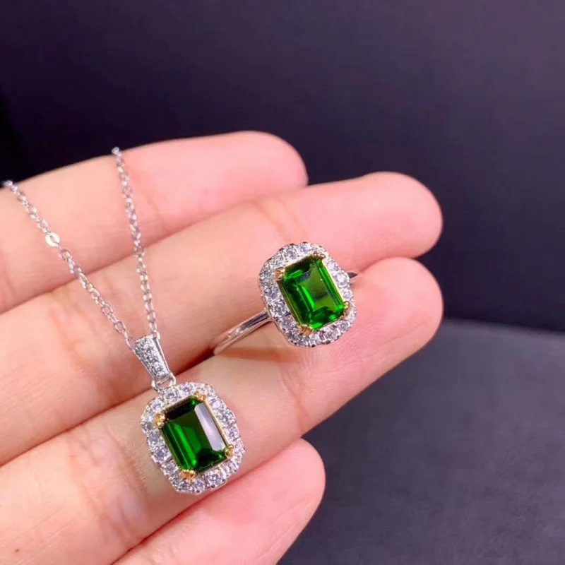 

Colorful Jewelry Natural Diopside Set 925 Silver Inlay