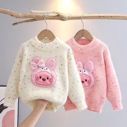 Colorful Crochet Yarn Baby Girl Sweaters Autumn Winter Furry Rabbit Pattern Children Clothes 2024 Bow-tie Girls Pullover HY08171