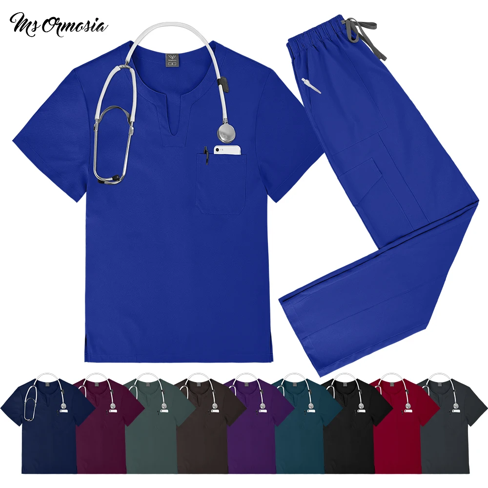 

Униформа медсестры, женская разноцветная одежда для зоомагазина, одежда для врачей, медицинская хирургия, спецодежда, комплект скрабов, топы с короткими рукавами + брюки, одежда для кормления