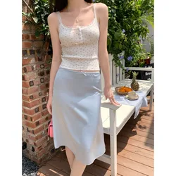 Low Waist Bow Splicing Casual Knee-length Skirt Women 2024 Summer New Korean Sweet Solid Color All Match A-line Skirt