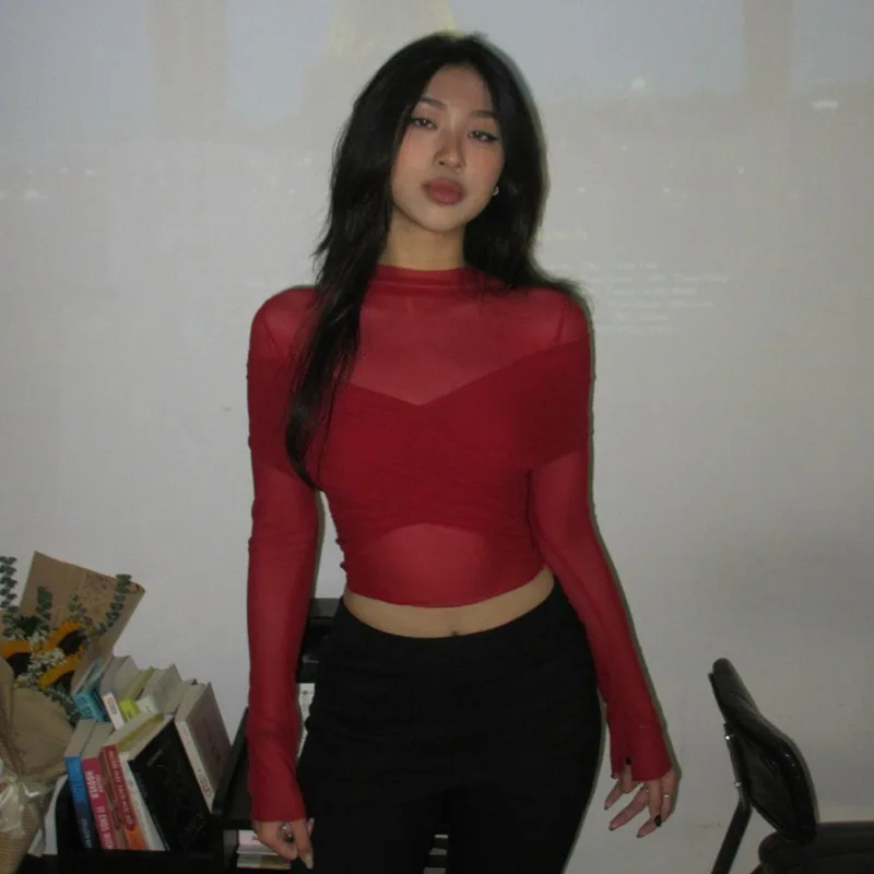 See Through Mesh Sexy Crop Tops Red Black Long Sleeve Tight Shirt Women Street Fashion Blouses