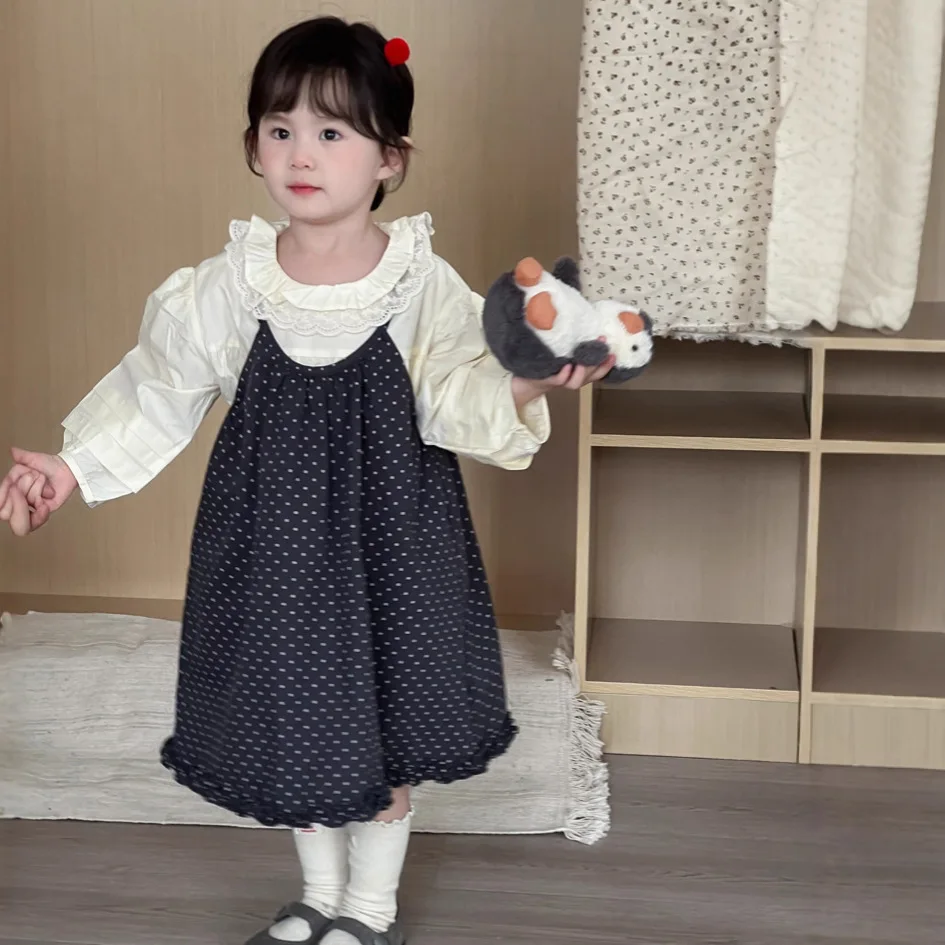 

2025 Autumn New Girls Sleeveless Sling Dress Children Casual Dress Cotton Baby Girl Cute Polka Dot Loose Dress Kids Clothes