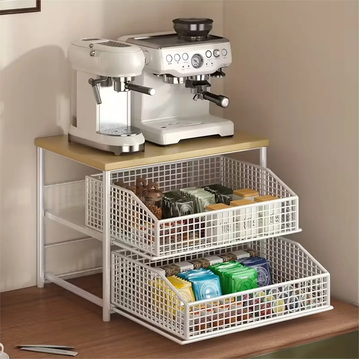 2026 New 1 Space Saving Kitchen Countertop Storage Rack with Drawers and Metal Baskets - Sturdy Multi-Layer Storage Rack B