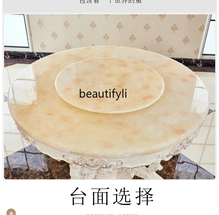 178Round dining table all solid wood natural marble countertop dining table French large apartment American style2936