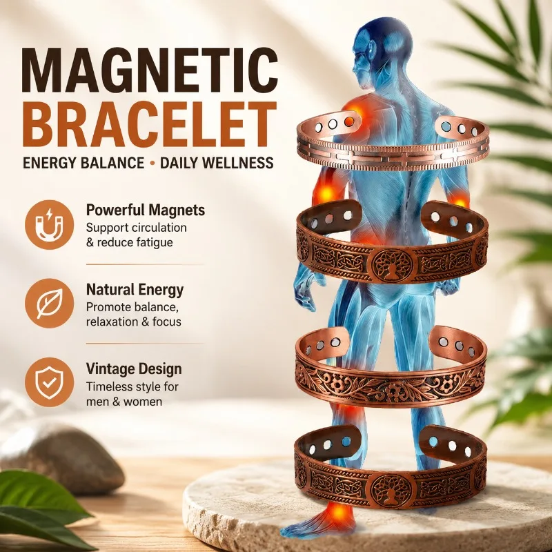

Magnetic Wrist Band Energy Magnet Bracelet Ring Set Retro Floral Vintage Red Copper Ornaments Unisex Elegant Daily Wear Casual