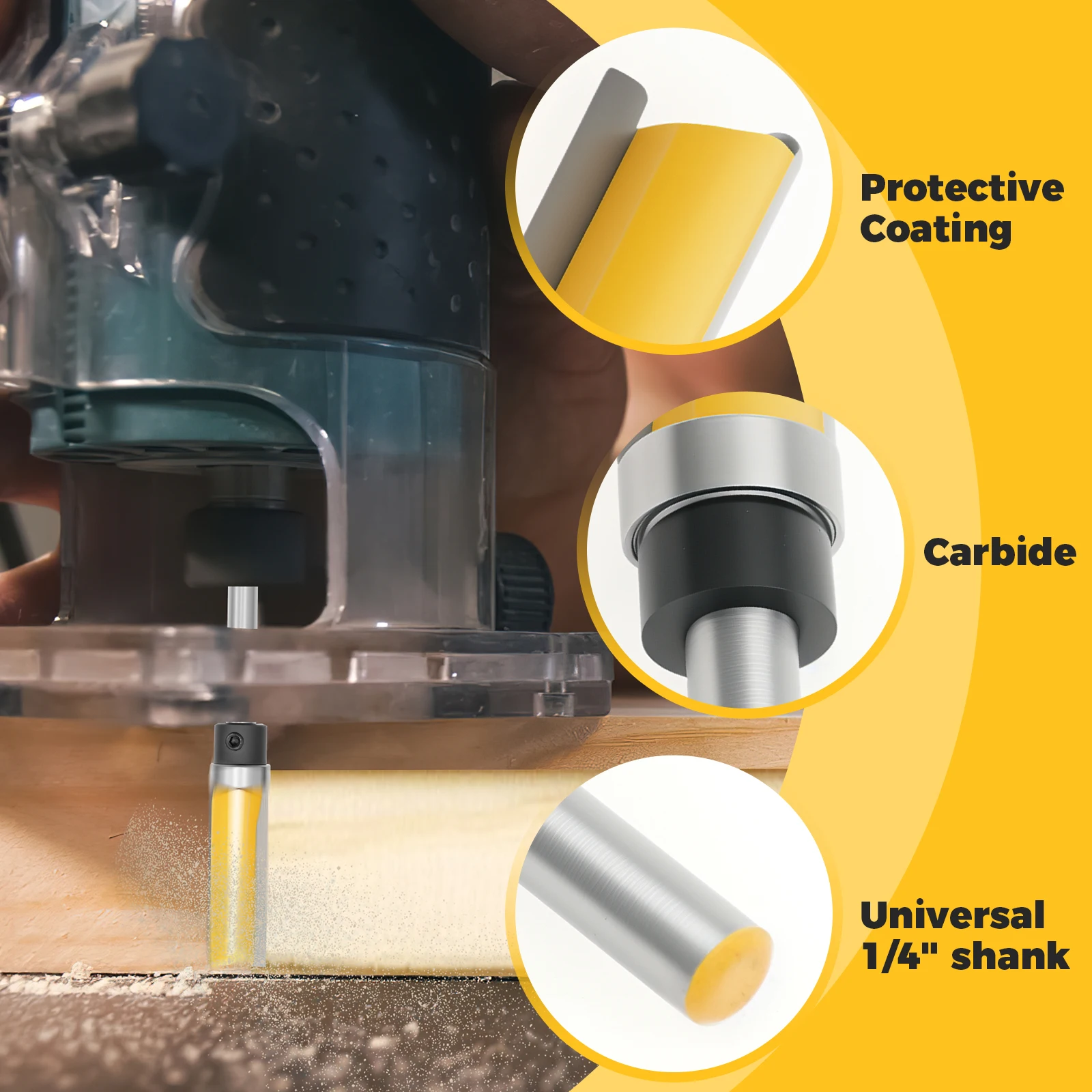 4 pezzi set di punte per fresatura a filo con cuscinetto superiore punta per fresa a filo in metallo duro con gambo da 1/4 di pollice taglierina per rifilatura del legno per la lavorazione del legno