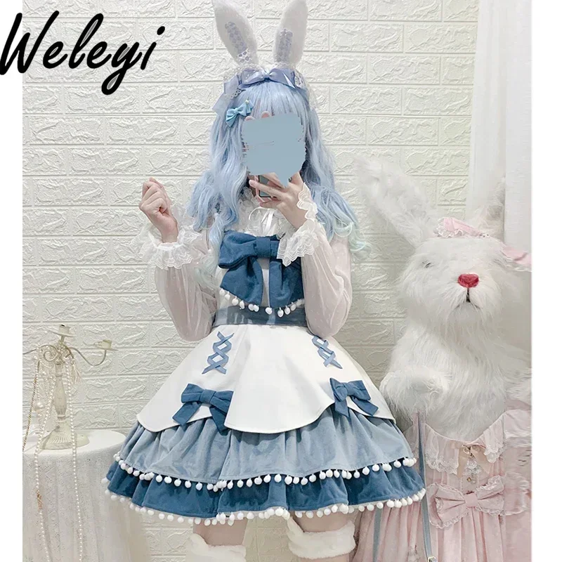 Lolita Japanese Woman's Woolen Dress 2024 Winter New Soft Girl Princess Sweet and Cute Bow Multi Color Midi Dresses Ladies