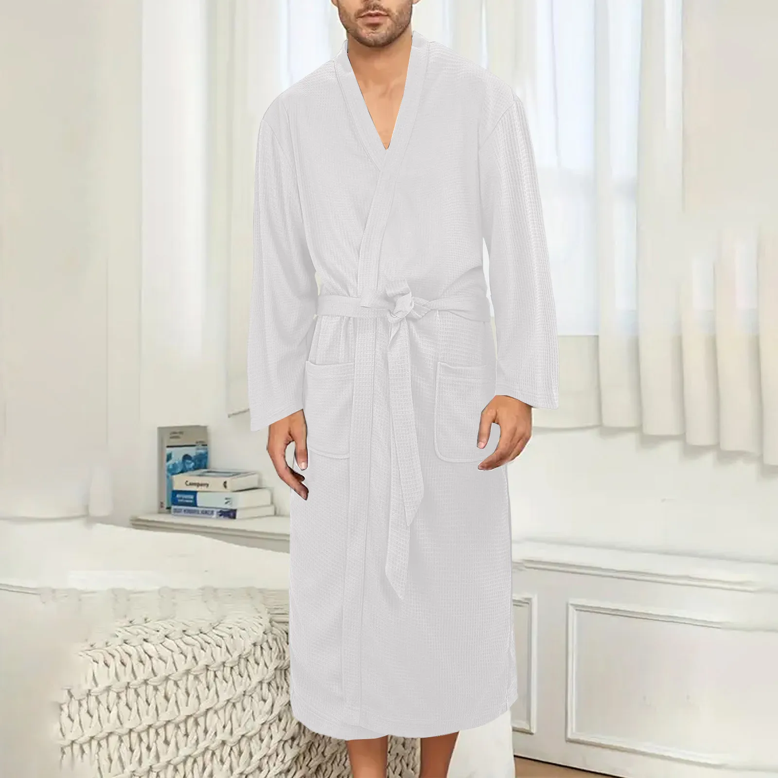 

Men's Waffle Bathrobe Spring Autumn Lightweight Long Belted Loungewear Home Hotel Leisure Bathrobe Sauna Suit Nightgown