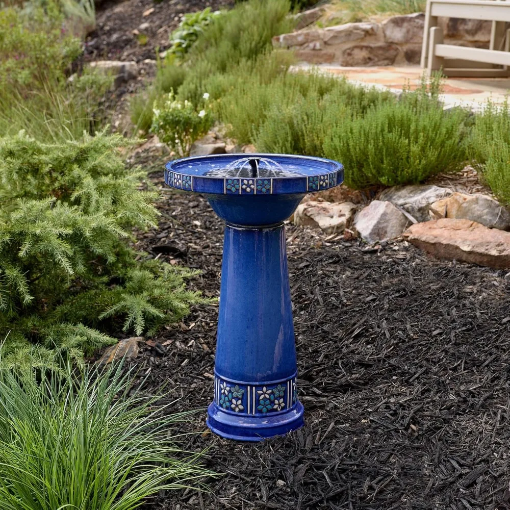 

Ceramic Birdbath with Remote, Blue Flowers