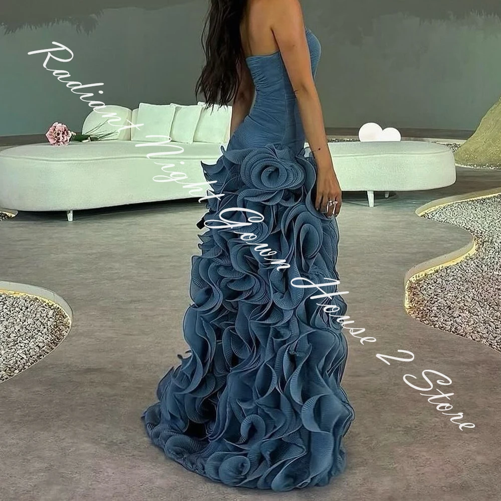 Customized Organza A-Line Ruffles Evening Dress Strapless Floor Length Sleeveless Panel Train High Quality Vestidos de fiesta