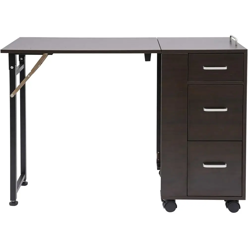 

Portable Rolling Nail Table, 41x15 Compact Home Manicure Station with 3 Drawers and Metal Handle, Brown