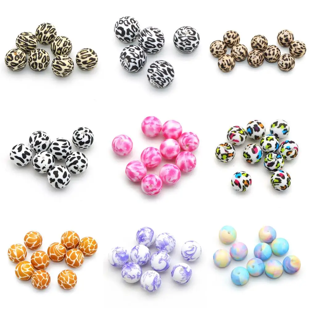 5 Pcs/lot 15mm Tie Dye Leopard Zebra Camo Skull Silicone Loose Beads Teething Beads DIY Chewable Baby Safe Teether,5Yc38555