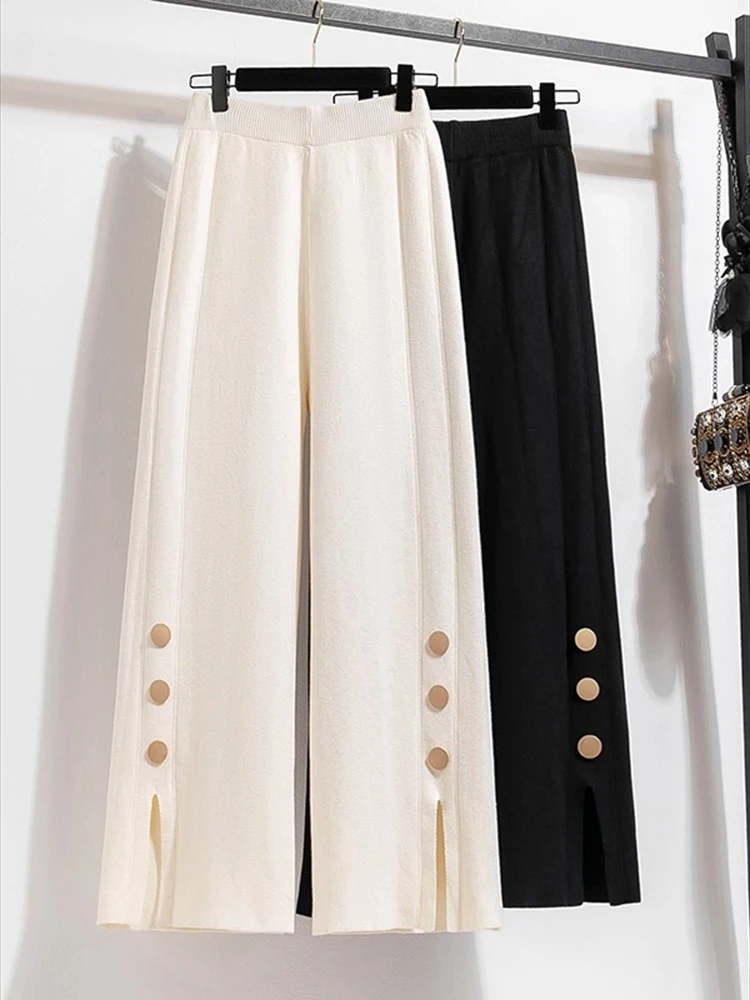 Korean version gentle style knitted wide leg pants women autumn winter high waisted and drooping split straight leg pants