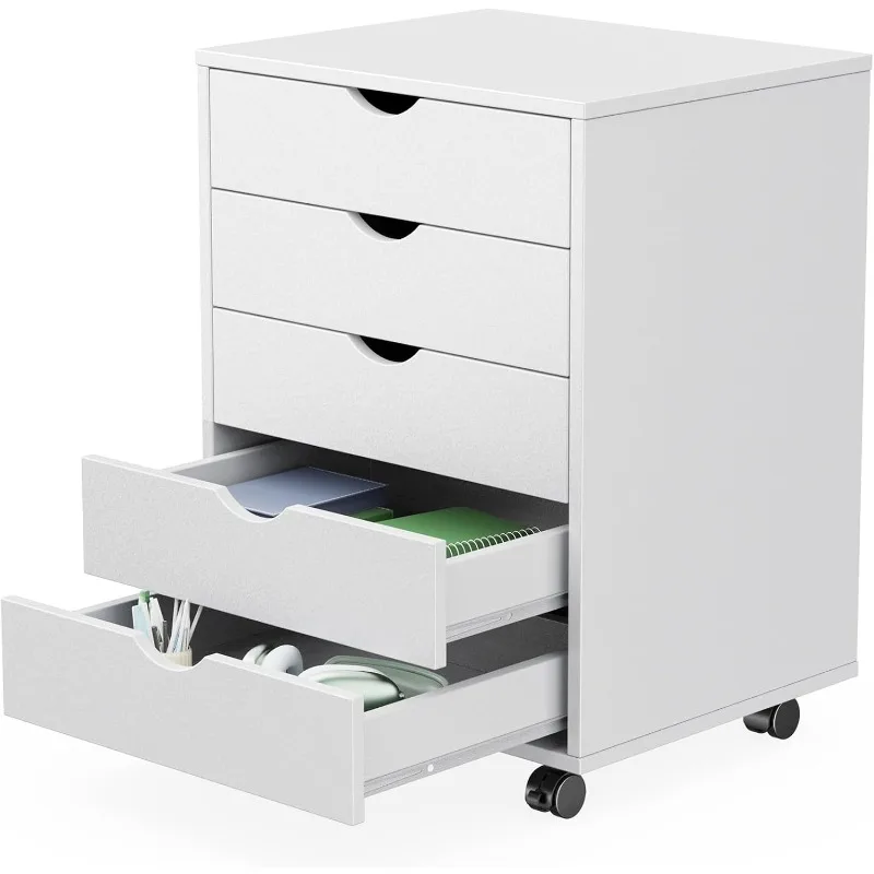 

5 Drawer Chest Mobile Storage Cabinets Small Wooden Dresser with Wheels Room Organization Furniture for Office Home, White Wood