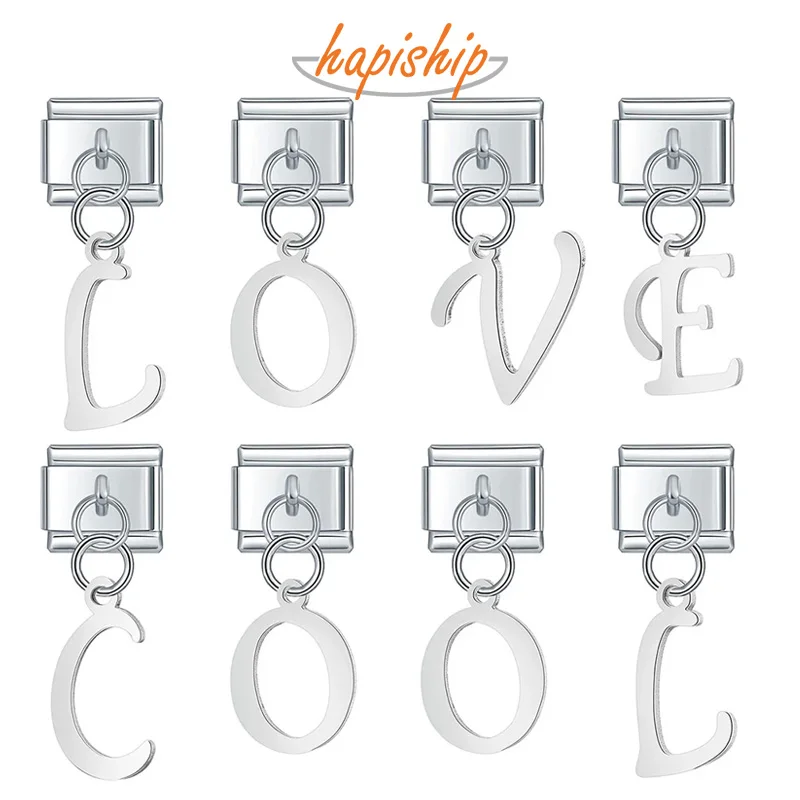 Hapiship New Fashion Cutting Polishing 26 Letter Italian Links Charm Fit 9mm Stainless Steel Bracelet Jewelry DIY Making DJ412