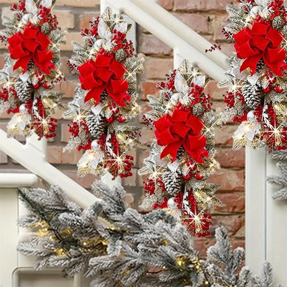 

4Pcs Christmas Swag Wreaths Light up Stair Swags 23.6in/60cm Teardrop Swags Stairs Decor for Railing Wall Window Xmas Fireplaces