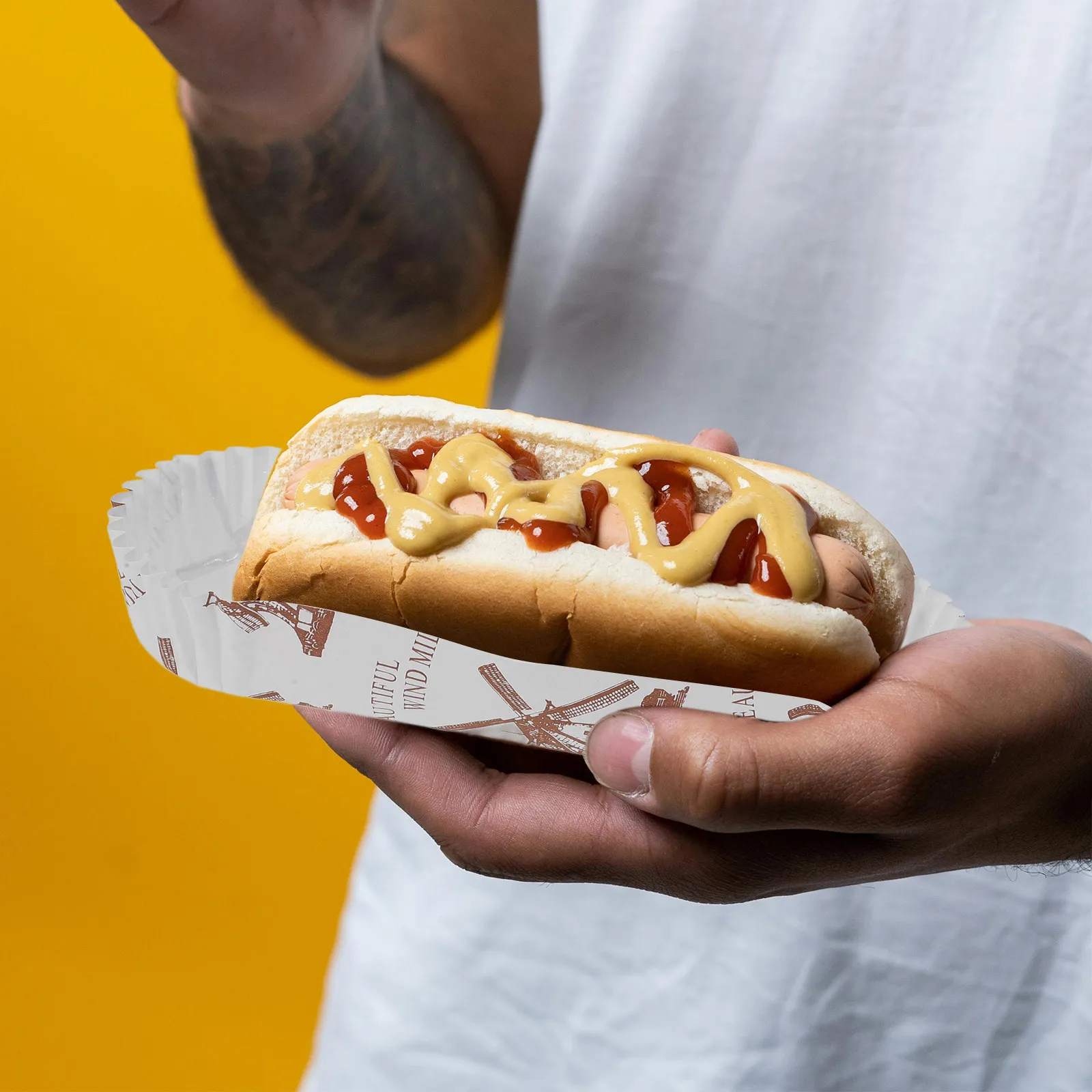 100Pcs Hot Dog Wrappers Disposable Paper Tray with Attractive Print Design Suitable for Sausages Fries Snack Serving Tray