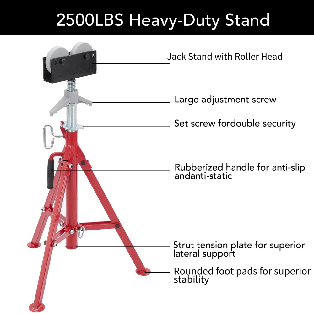 Portable Tripod Pipe Jack Stand with Roller Head, Adjustable Height 28-52 Inch, 1/8