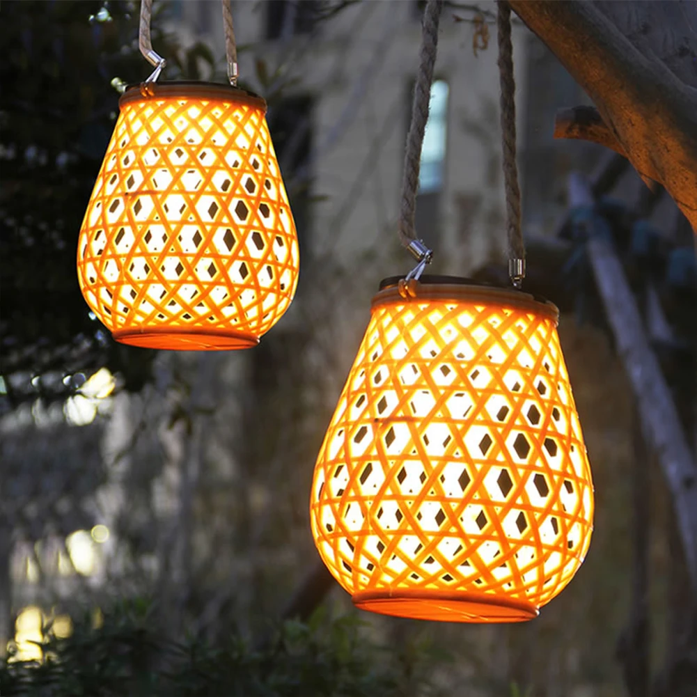 Outdoor Solar Lantern Hanging Lights Outdoor Tabletop Lamp Rattan Natural Lantern for Pathway Courtyard Patio Stair Garden