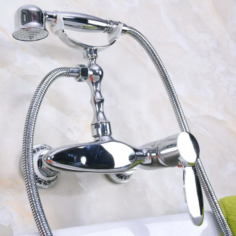 

Modern Silver Chrome Brass Wall Mounted Bathroom Shower Faucet Set with 1500MM Hose Handheld Spray Head Mixer Tap Dna178