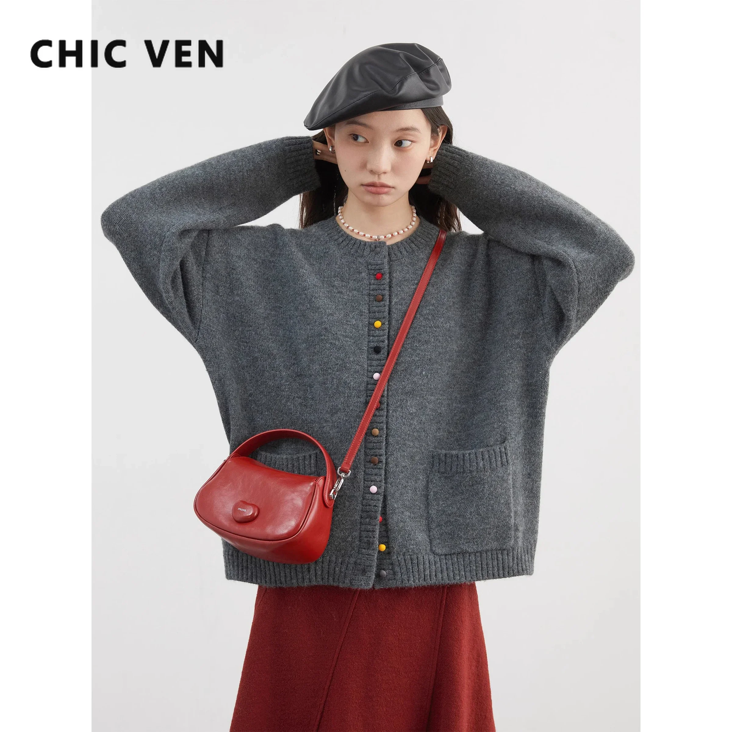 CHIC VEN Korean Women Sweaters Loose Casual Round Neck Colorful Candy Button Knit Cardigan Female Jumpers Autumn Winter 2024